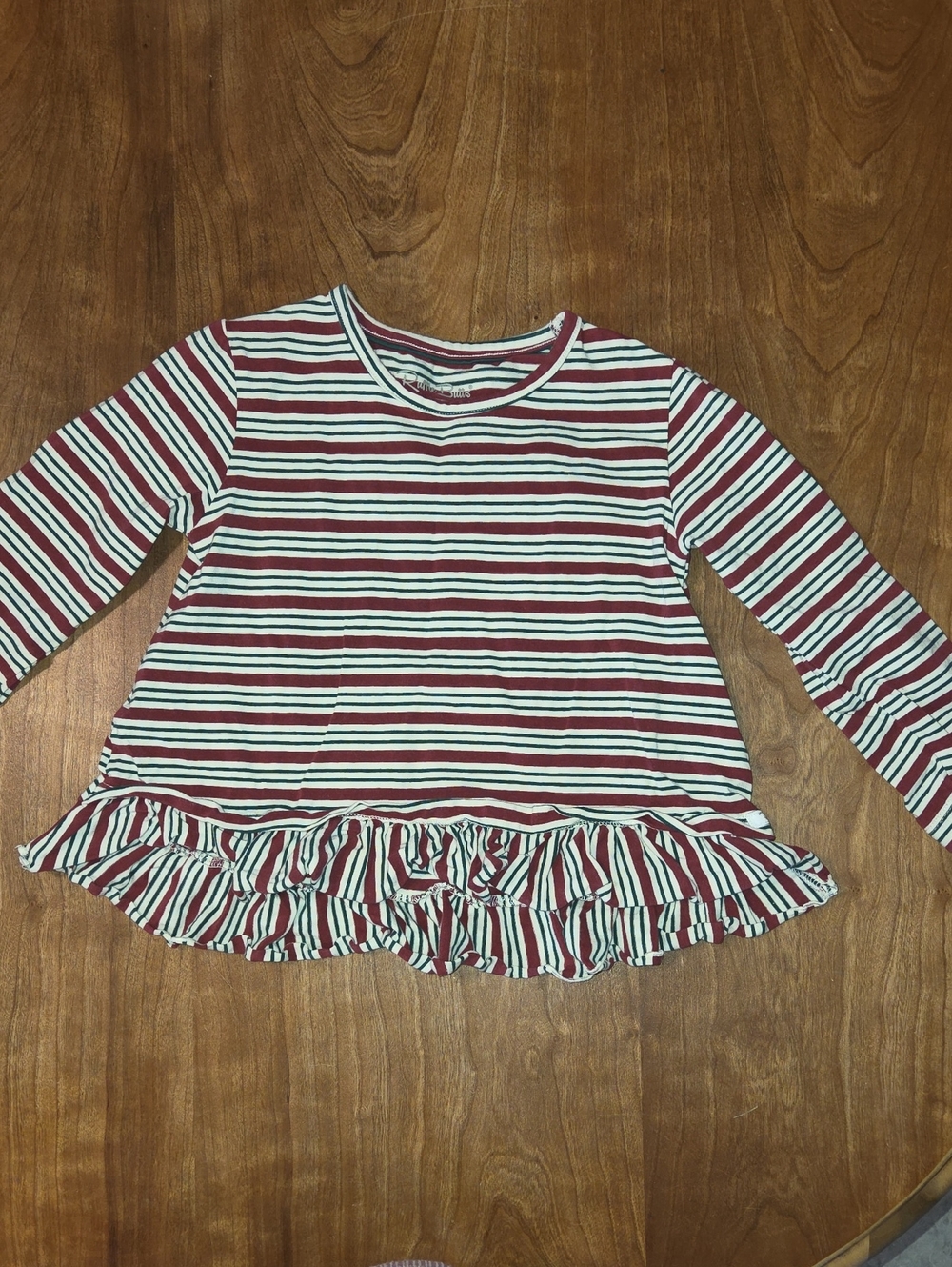 Ruffle Butts Burgundy & White Striped Ruffle-Hem Long Sleeve Top
